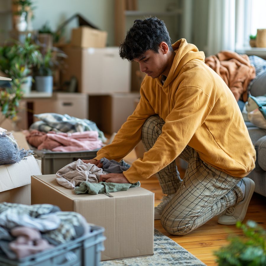 Sorting and folding belongings while downsizing, representing valuation and decluttering support from ClearSpace