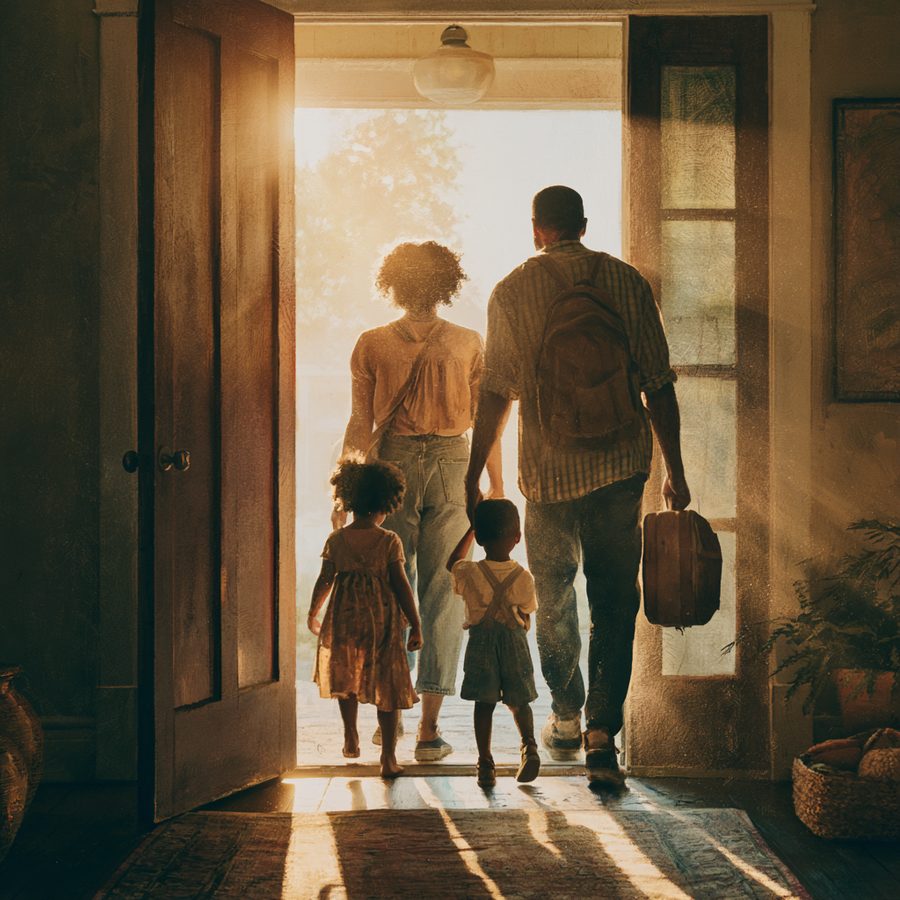 A family walking out into a new home and daily routine, representing NewRhythm's routine reconstruction support