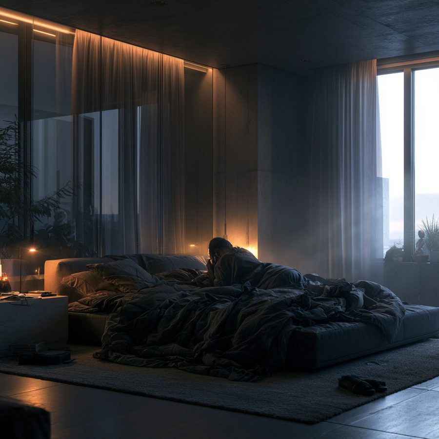A person awake at night in a new bedroom, representing the sleep disruption NightAnchor helps protect against during a move