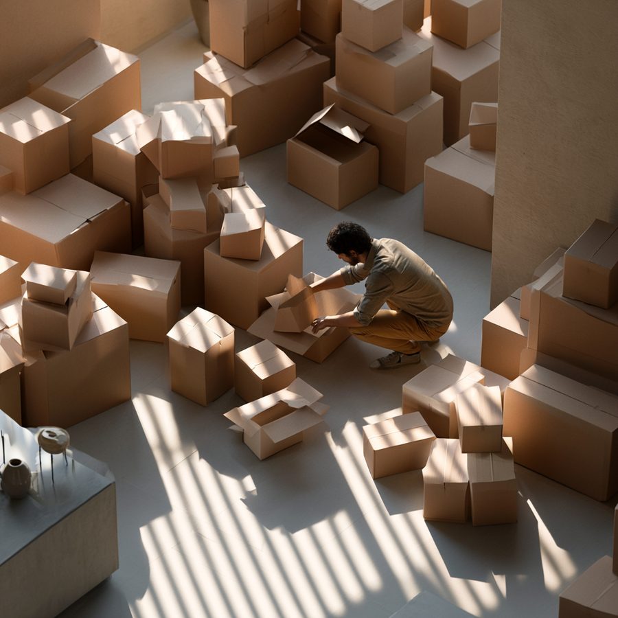 Overhead view of moving boxes being packed, representing documented inventory tracking with PackWise