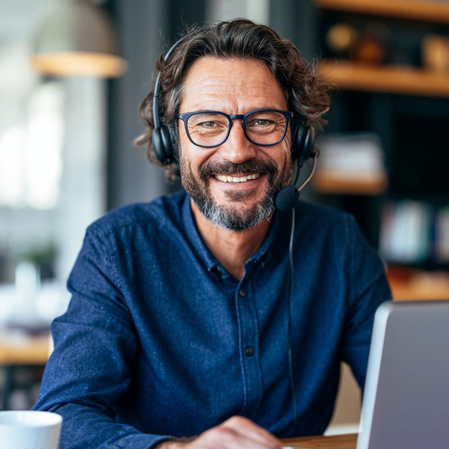 A sales consultant on a headset call, representing Wayfinder sales enablement training and positioning program
